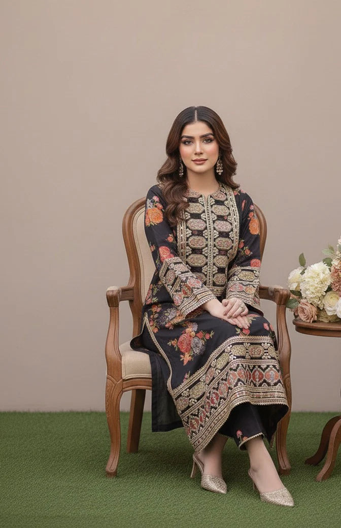 AHMOZI PRESENTING BY ANEELAS COLLECTION -3PC UNSTITCHED LUXURY SILK EMBROIDERED SUIT DF-116