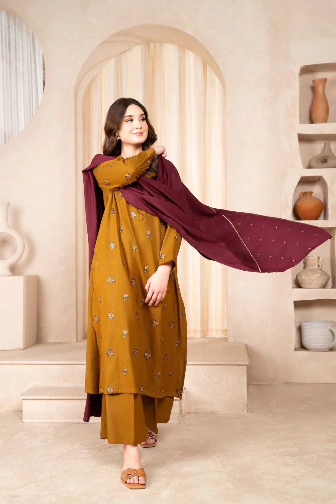 BAROQUE- Winter 3PC dhanak Embroidered Dress DF-2371