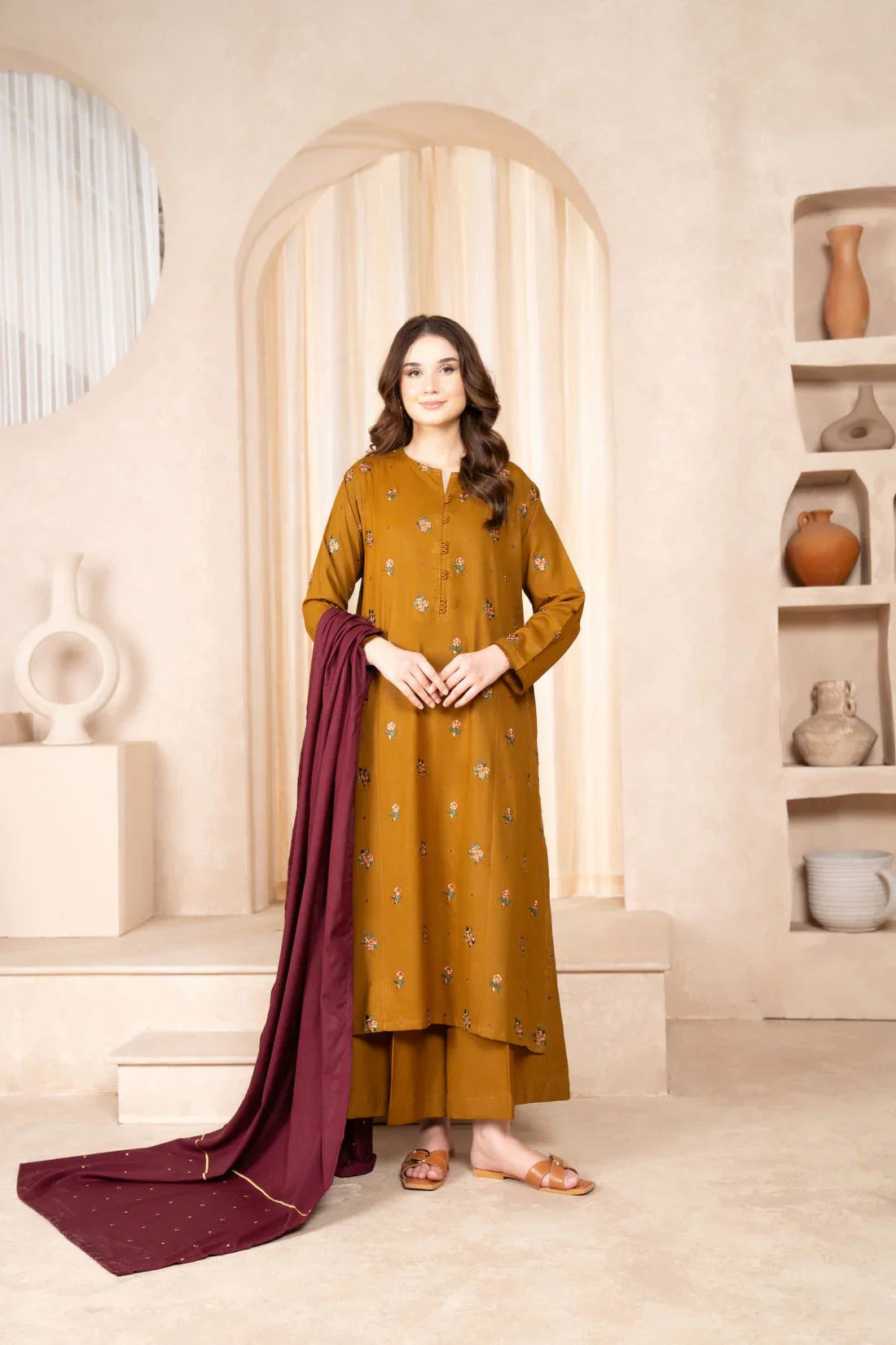 BAROQUE- Winter 3PC dhanak Embroidered Dress DF-2371