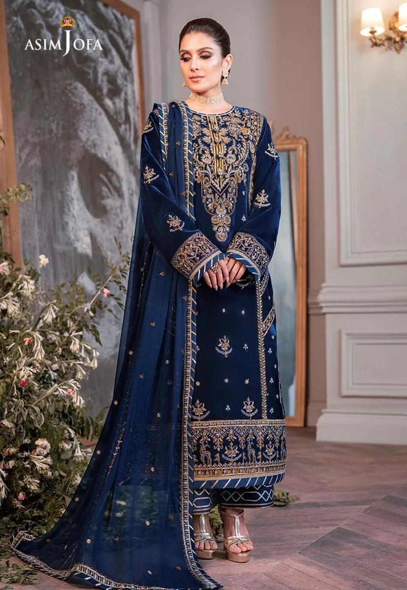 ASIM JOFA AYEZA EDIT MAKHMAL COLLECTION -3PC UNSTITCHED LUXURY VELVET EMBROIDERED SUIT DF-888