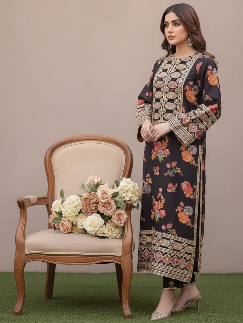 AHMOZI PRESENTING BY ANEELAS COLLECTION -3PC UNSTITCHED LUXURY SILK EMBROIDERED SUIT DF-116