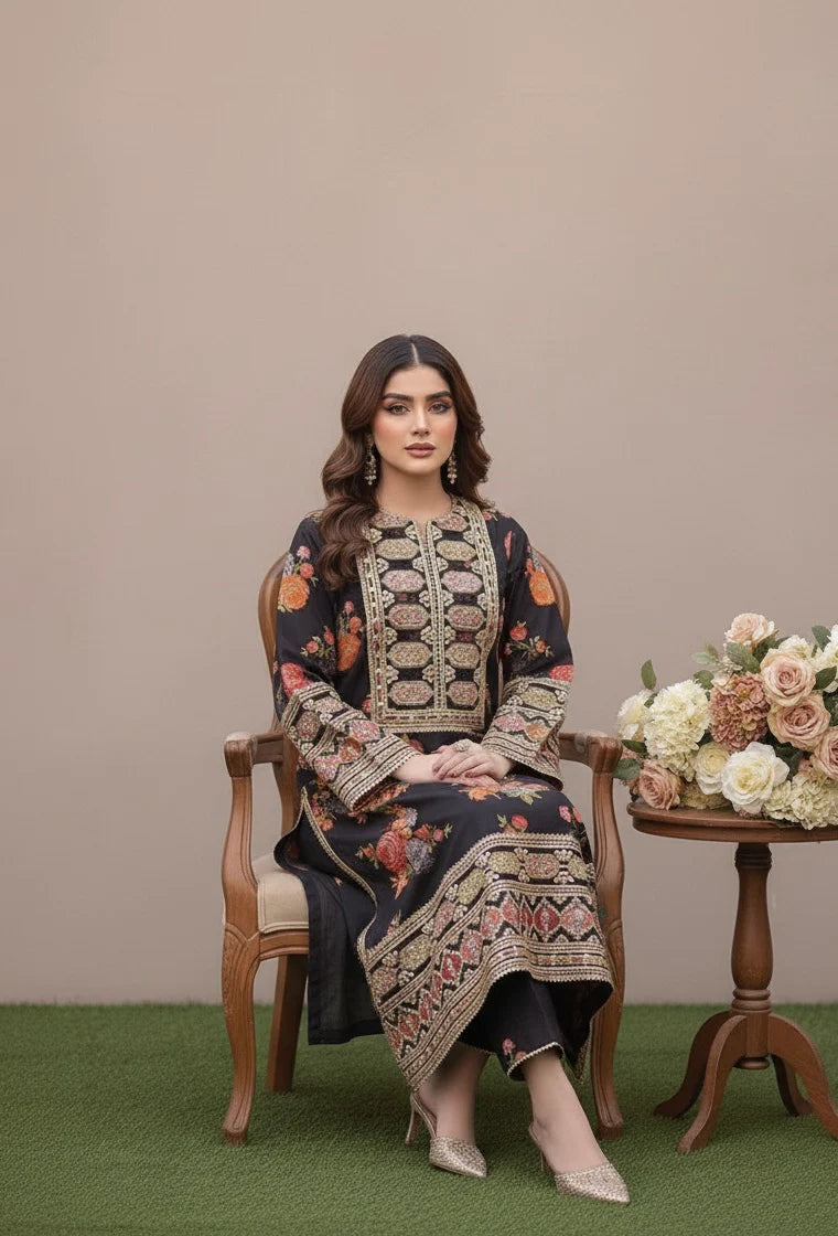 AHMOZI PRESENTING BY ANEELAS COLLECTION -3PC UNSTITCHED LUXURY SILK EMBROIDERED SUIT DF-116