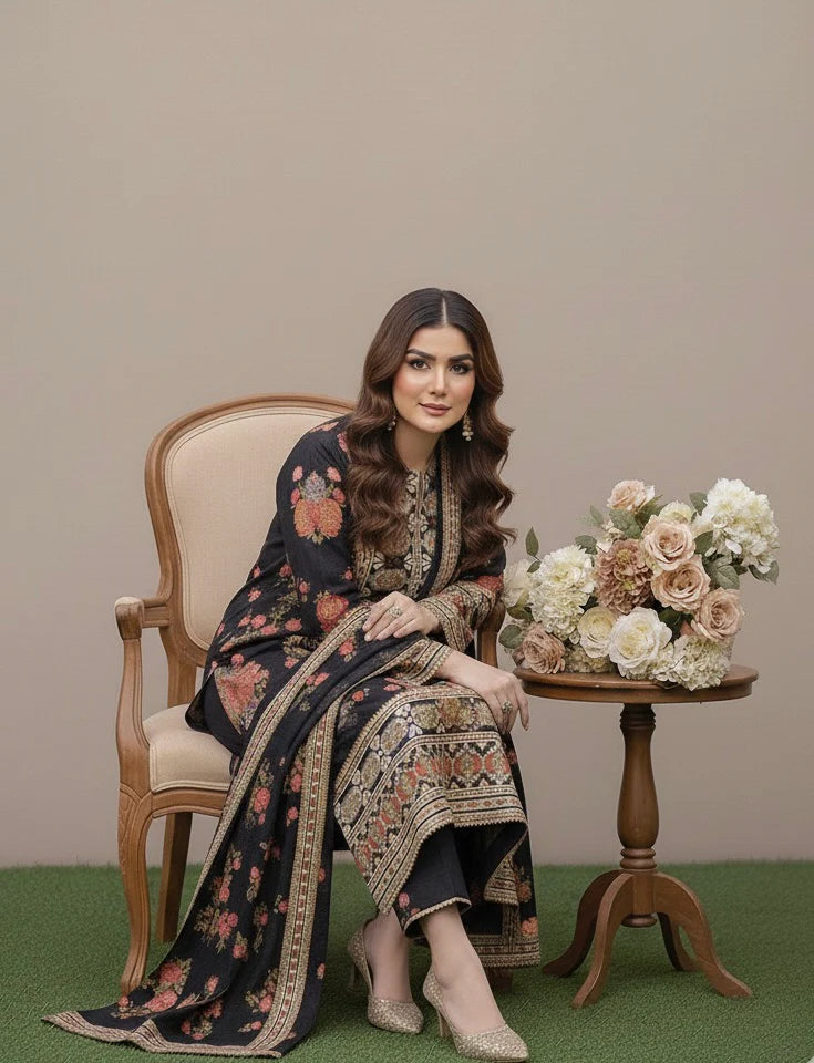 AHMOZI PRESENTING BY ANEELAS COLLECTION -3PC UNSTITCHED LUXURY SILK EMBROIDERED SUIT DF-116