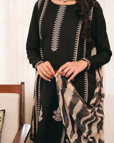 ETHNIC -3PC UNSTITCHED DHANAK EMBROIDERED SUIT DF-