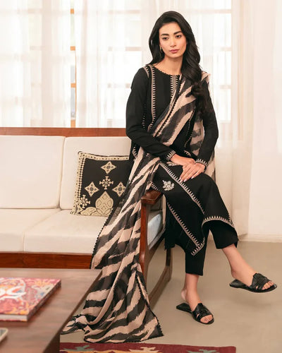 ETHNIC -3PC UNSTITCHED DHANAK EMBROIDERED SUIT DF-