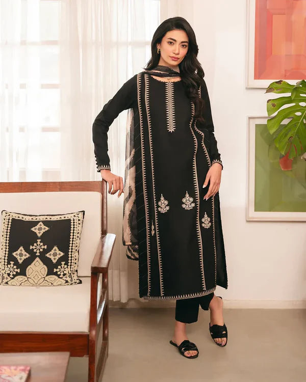 ETHNIC -3PC UNSTITCHED DHANAK EMBROIDERED SUIT DF-